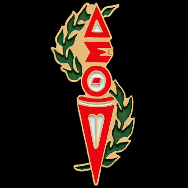Decorative torch emblem of greek letters delta sigma theta with red, green, and gold colors on a black background