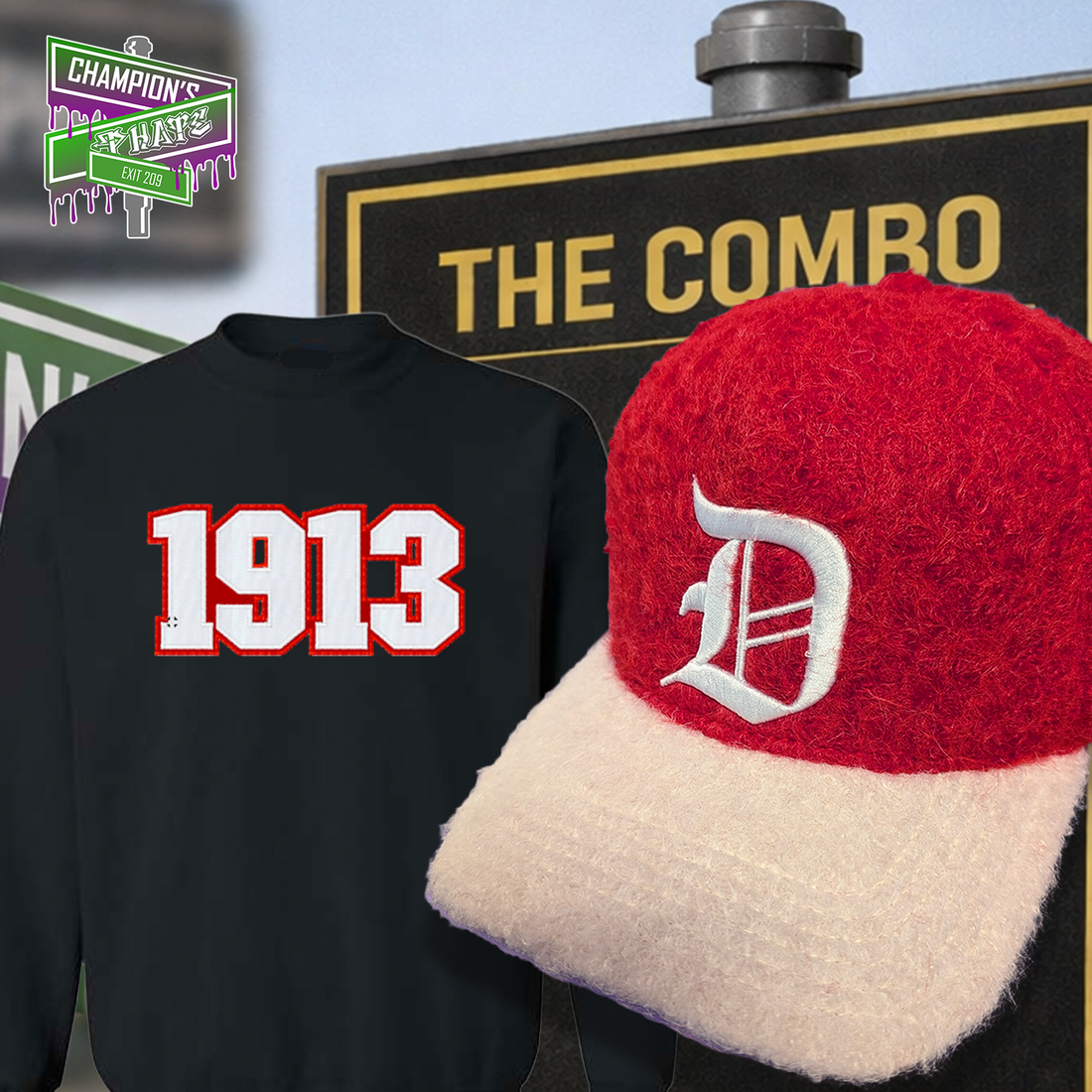 Black sweatshirt with '1913' and a red  fur hat with 'D'  on a blurred background
