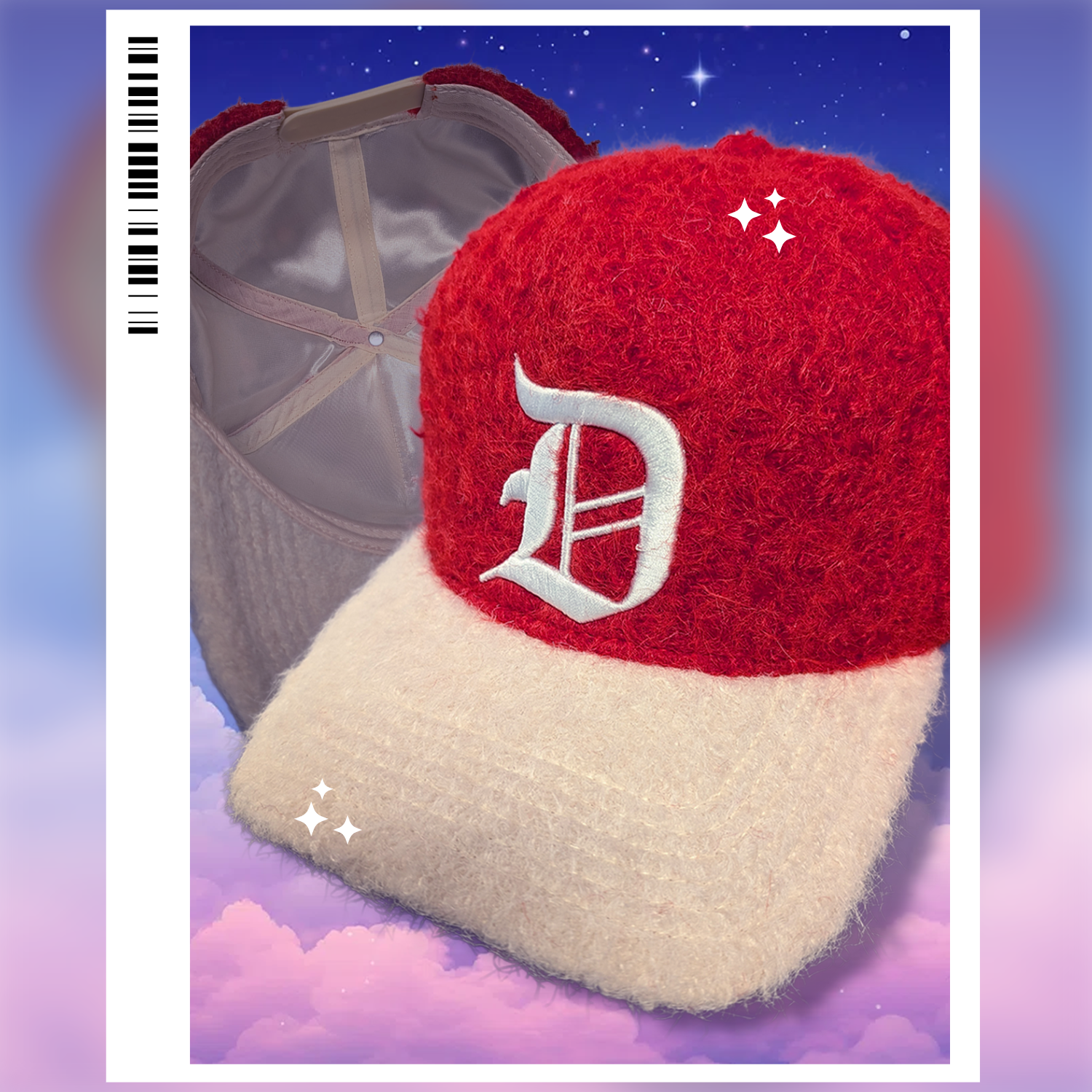 Red and cream satin-lined fur hat with a white 'D' embroidered on it