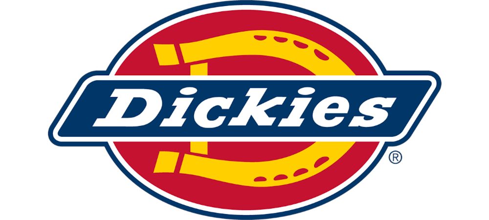Dickies logo with a red circle and yellow boot on a white background