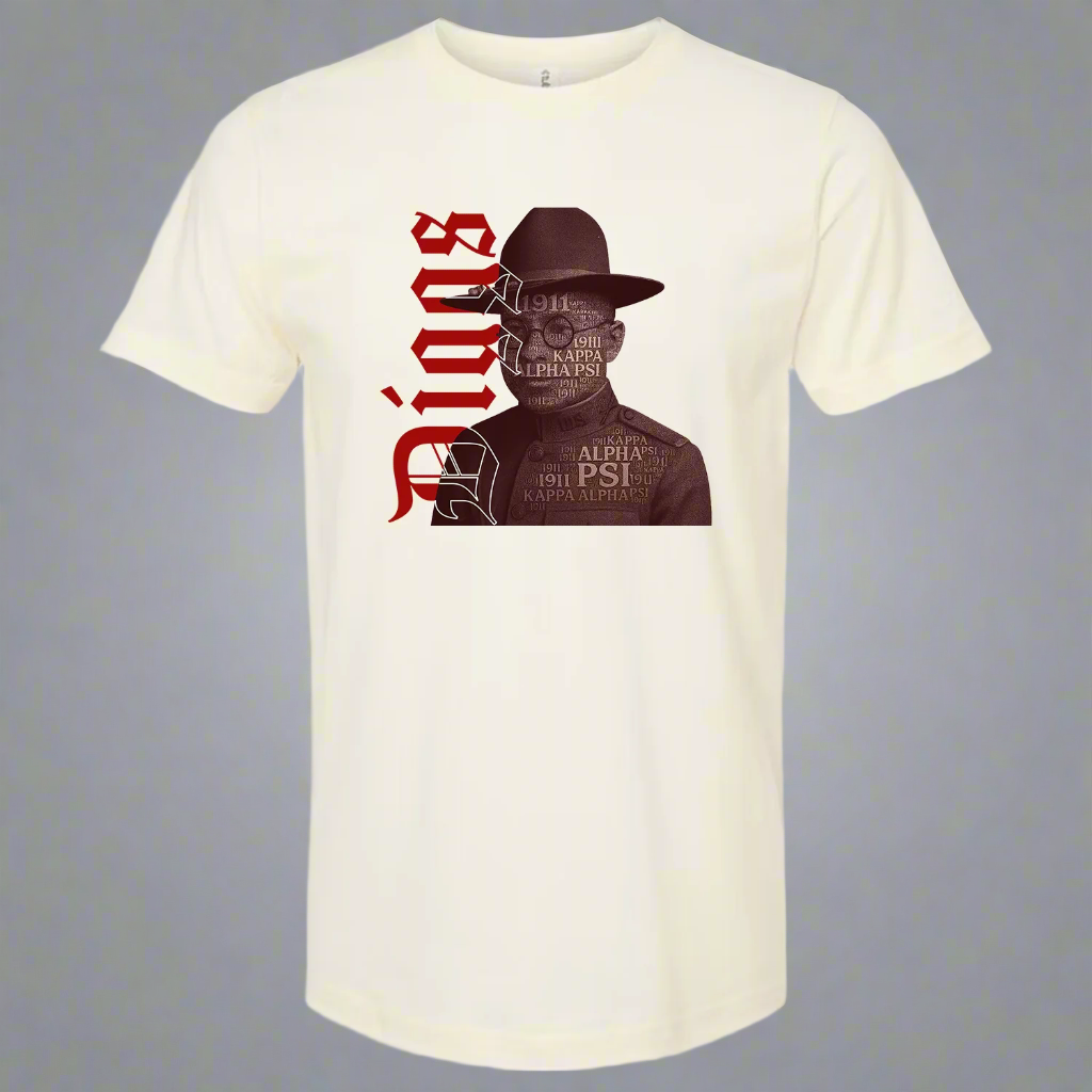 White t-shirt with a graphic design of a silhouette and text on a gray background