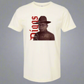 White t-shirt with a graphic design of a silhouette and text on a gray background