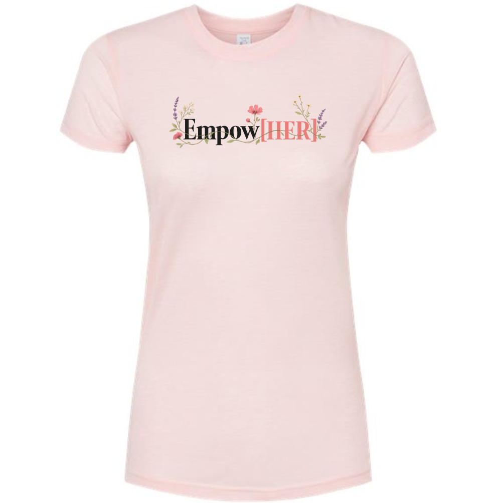 Pink t-shirt with 'EmpowHER' text and floral designs chest
