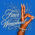 Hand with decorative nails and pearl bracelet on a blue background with 'Finer Womanhood' text.