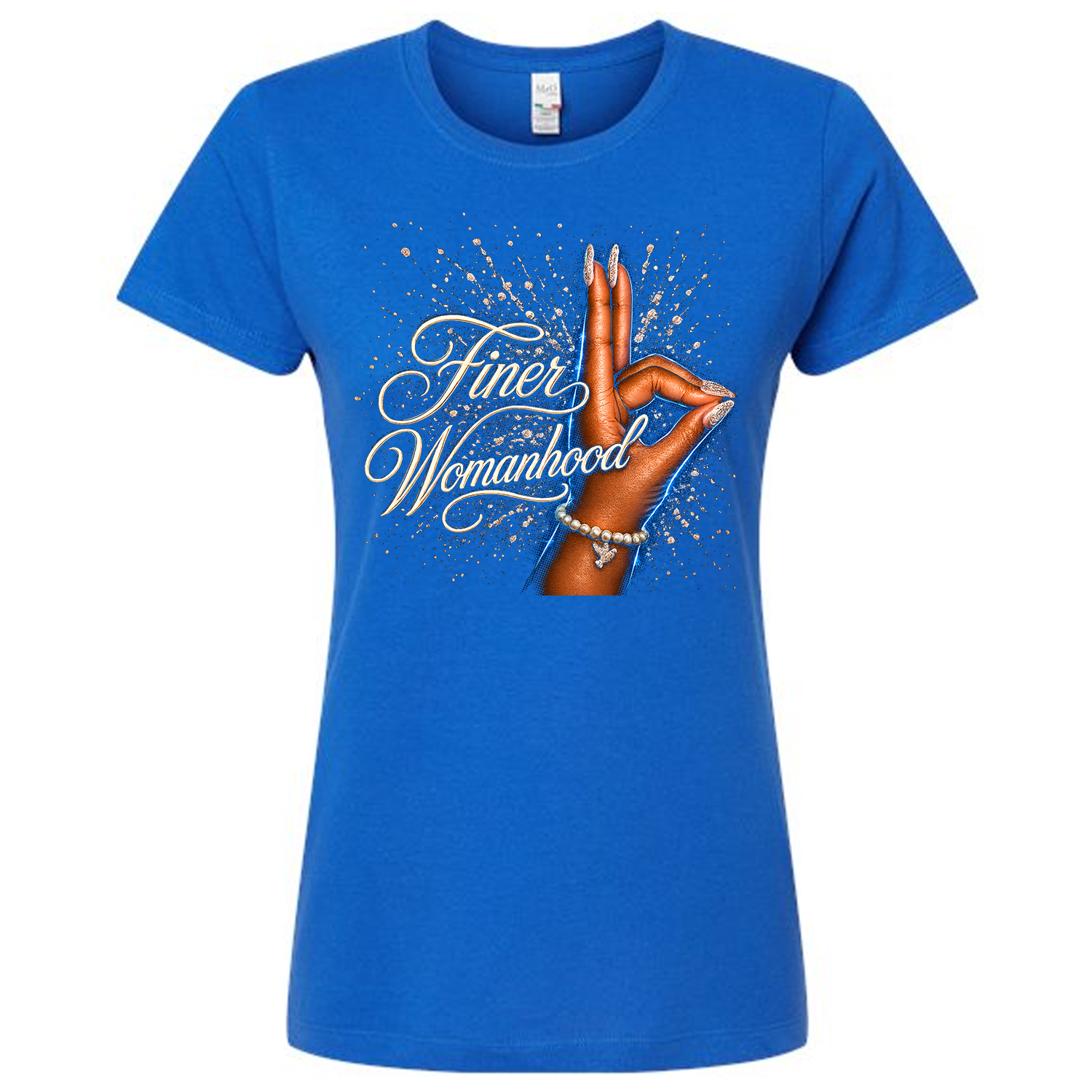 Blue t-shirt with a graphic of a hand and text 'Finer Womanhood' on a white background