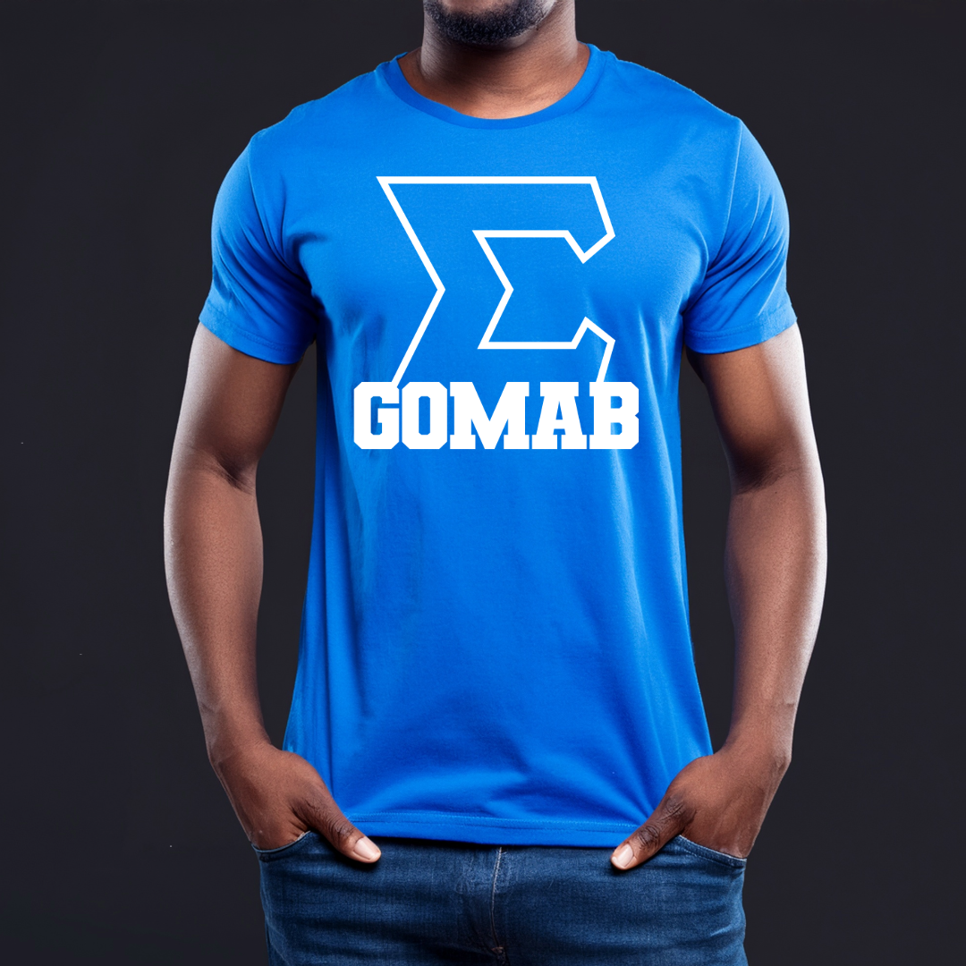 Blue T-shirt with White greek letter Sigma and bolded GOMAB underneath