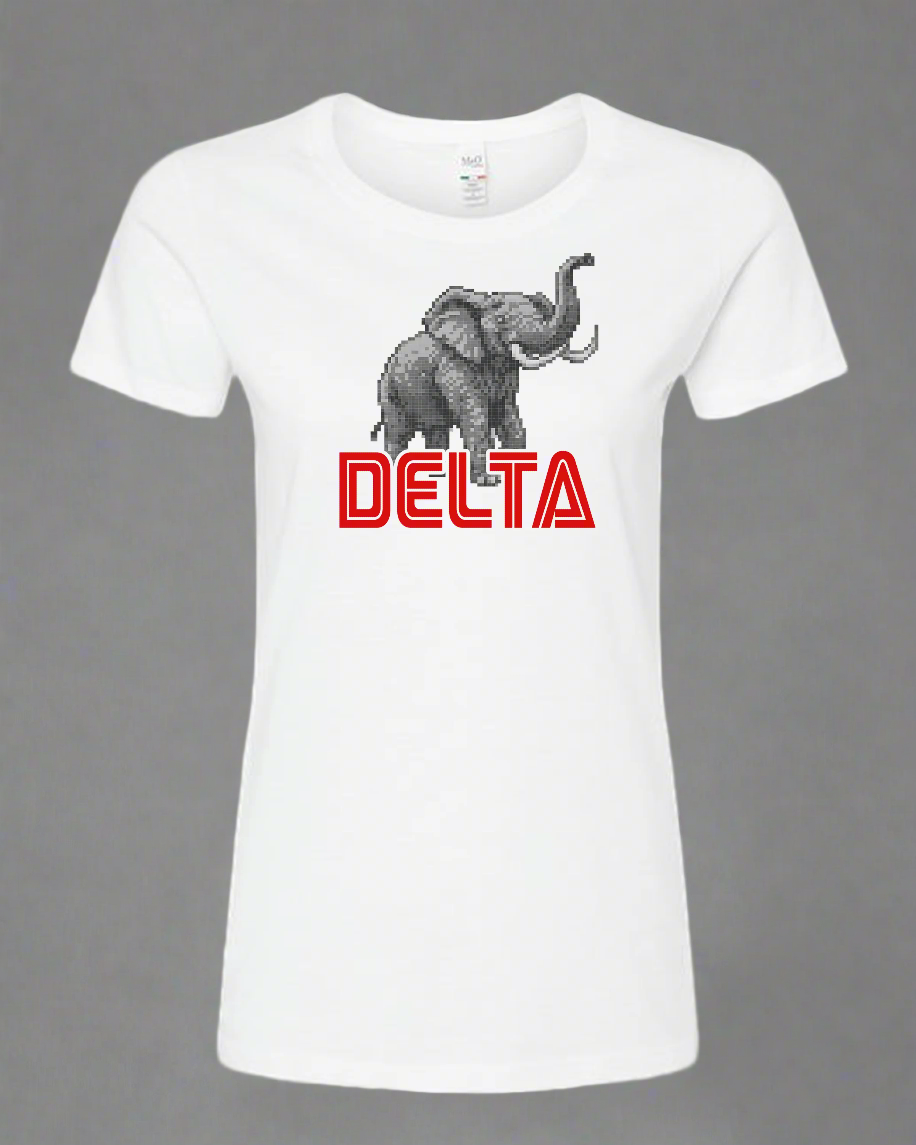 White t-shirt with an elephant graphic and 'DELTA' text on a gray background
