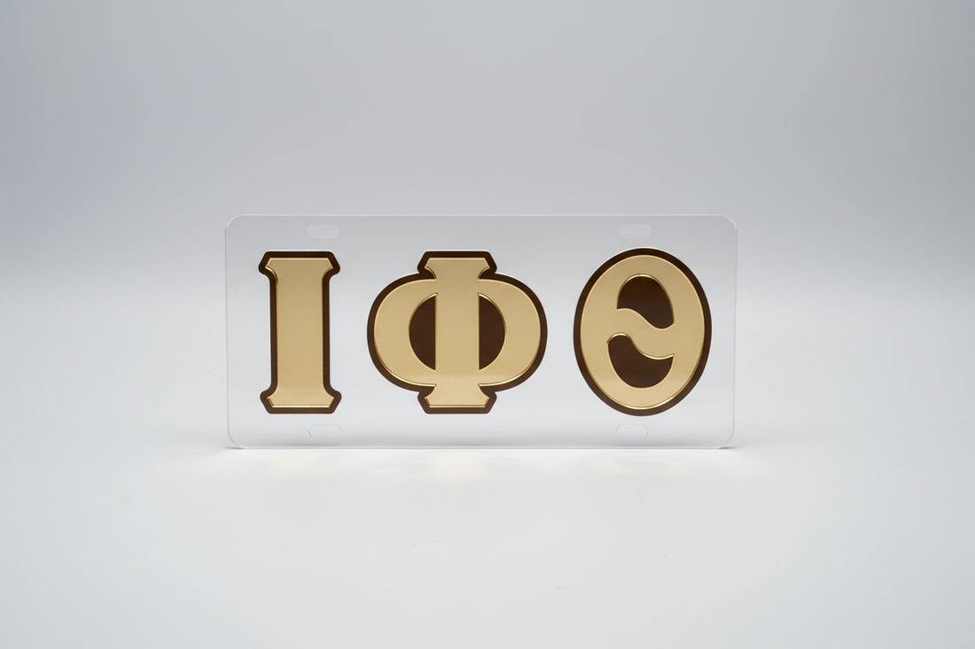 Mirrored license plate with gold and brown greek letters for Iota Phi Theta 