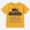Yellow t-shirt with 'My daddy is an Iota' text 