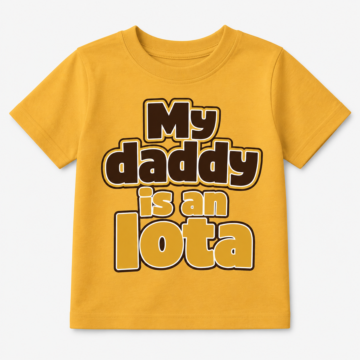 Yellow t-shirt with 'My daddy is an Iota' text 
