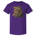 Purple t-shirt with a graphic design featuring a portrait and text on a white background
