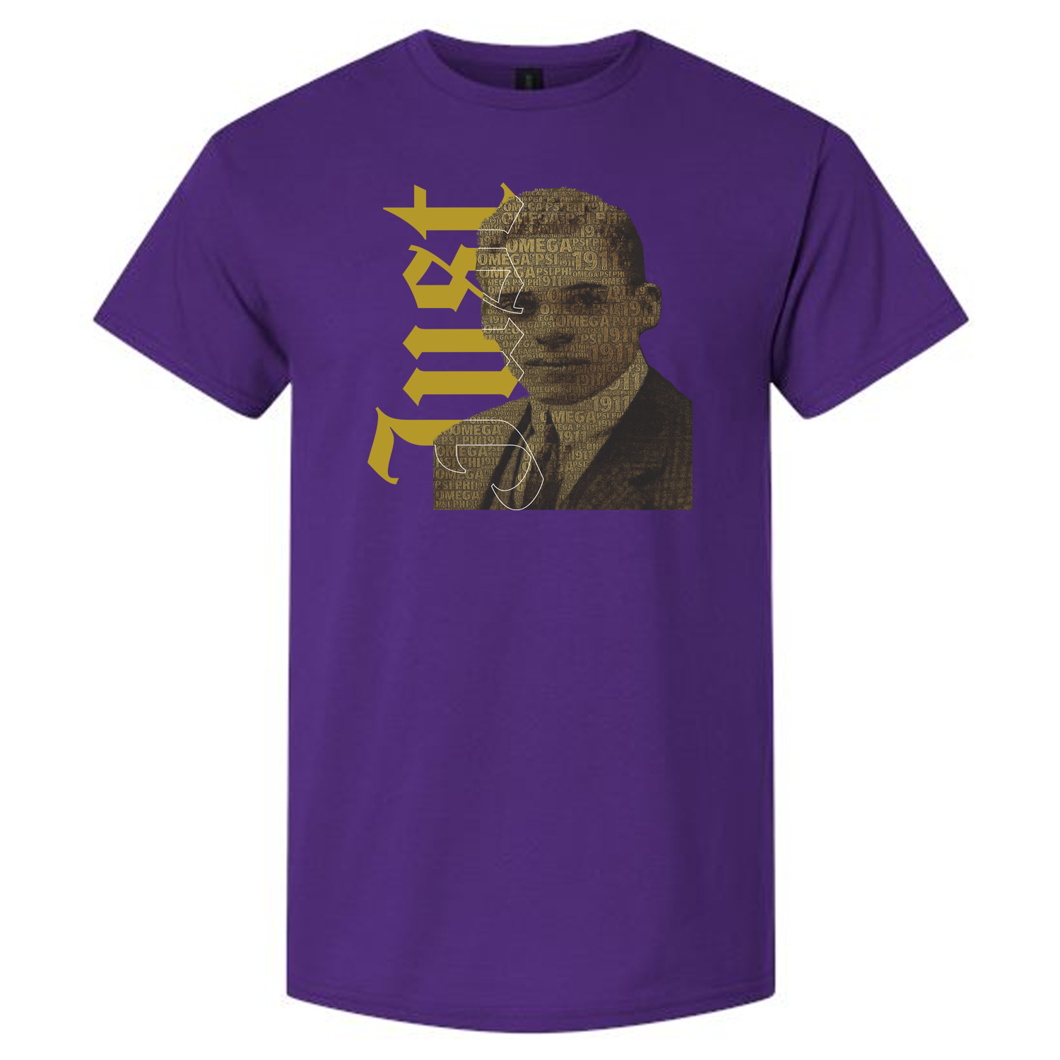 Purple t-shirt with a graphic design featuring a portrait and text on a white background