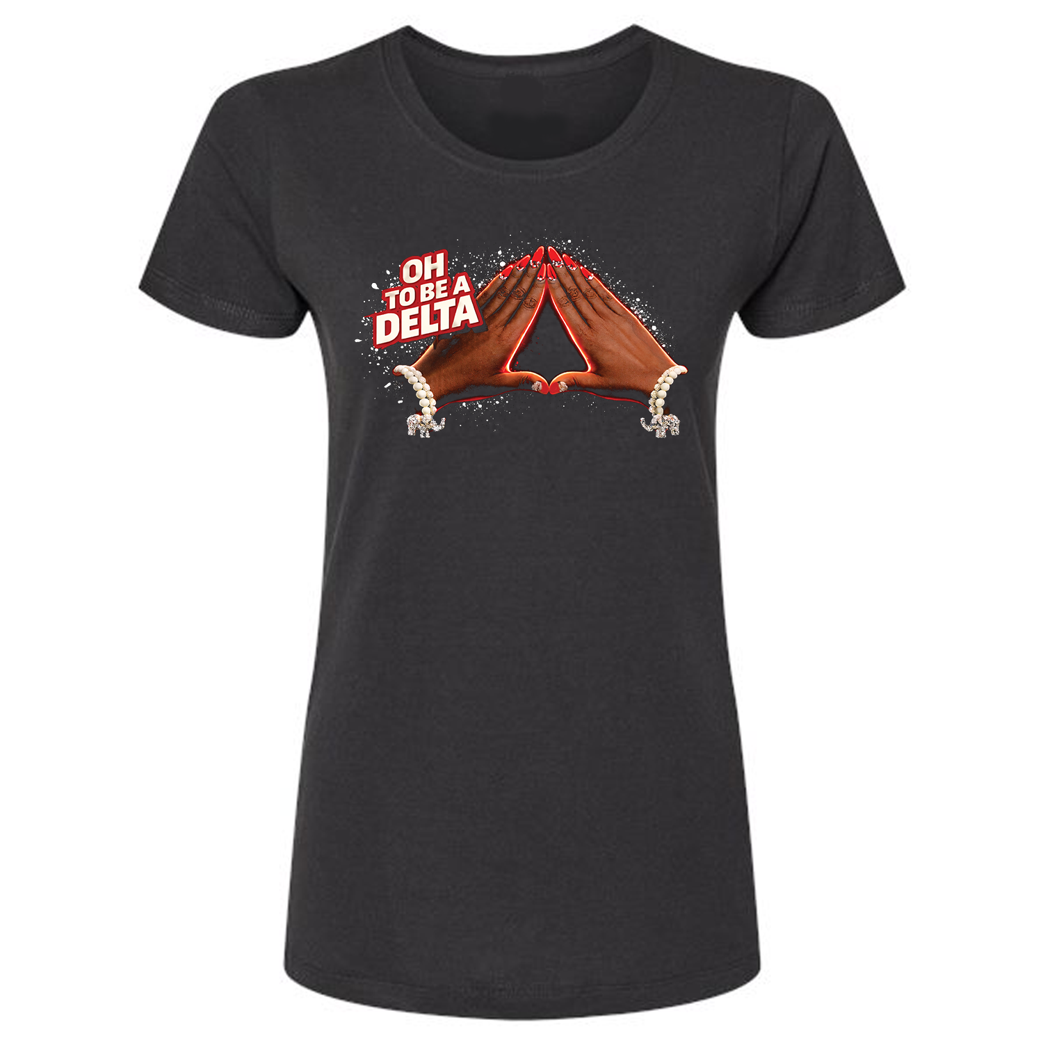 Black t-shirt with 'Oh to be a Delta' with hands holding the up the DST pyramid 