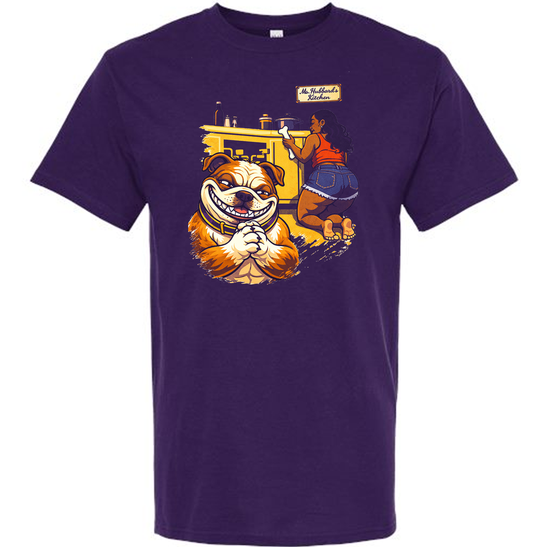 Purple t-shirt with a graphic of a bulldog and Ms Hubbard in a kitchen 