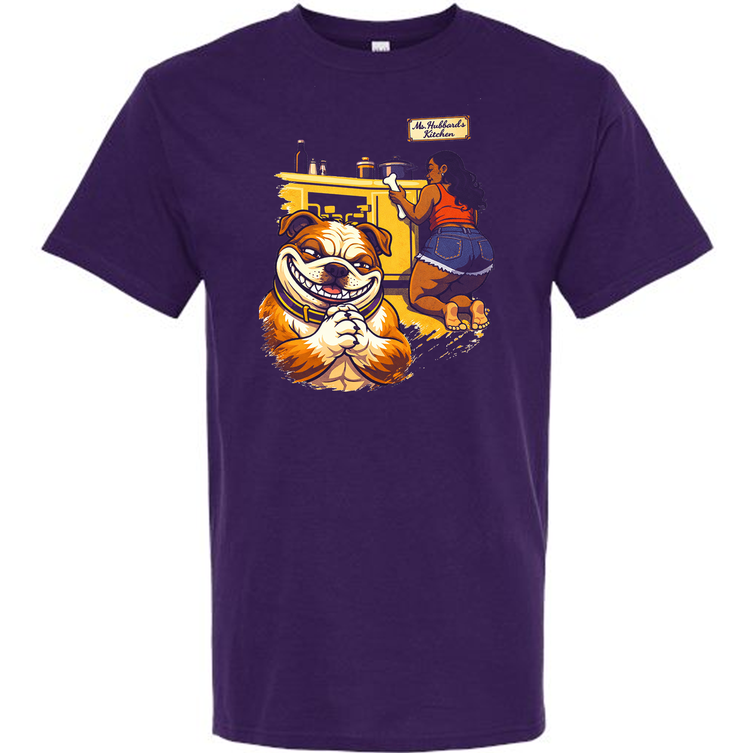 Purple t-shirt with a graphic of a bulldog and Ms Hubbard in a kitchen 