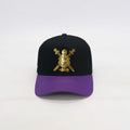 Black and purple cap with a gold omega psi phi shield