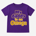 Purple t-shirt with 'My daddy is an Omega' text 