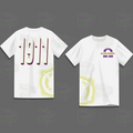 White t-shirt with yellow and purple designs on a dark gray background