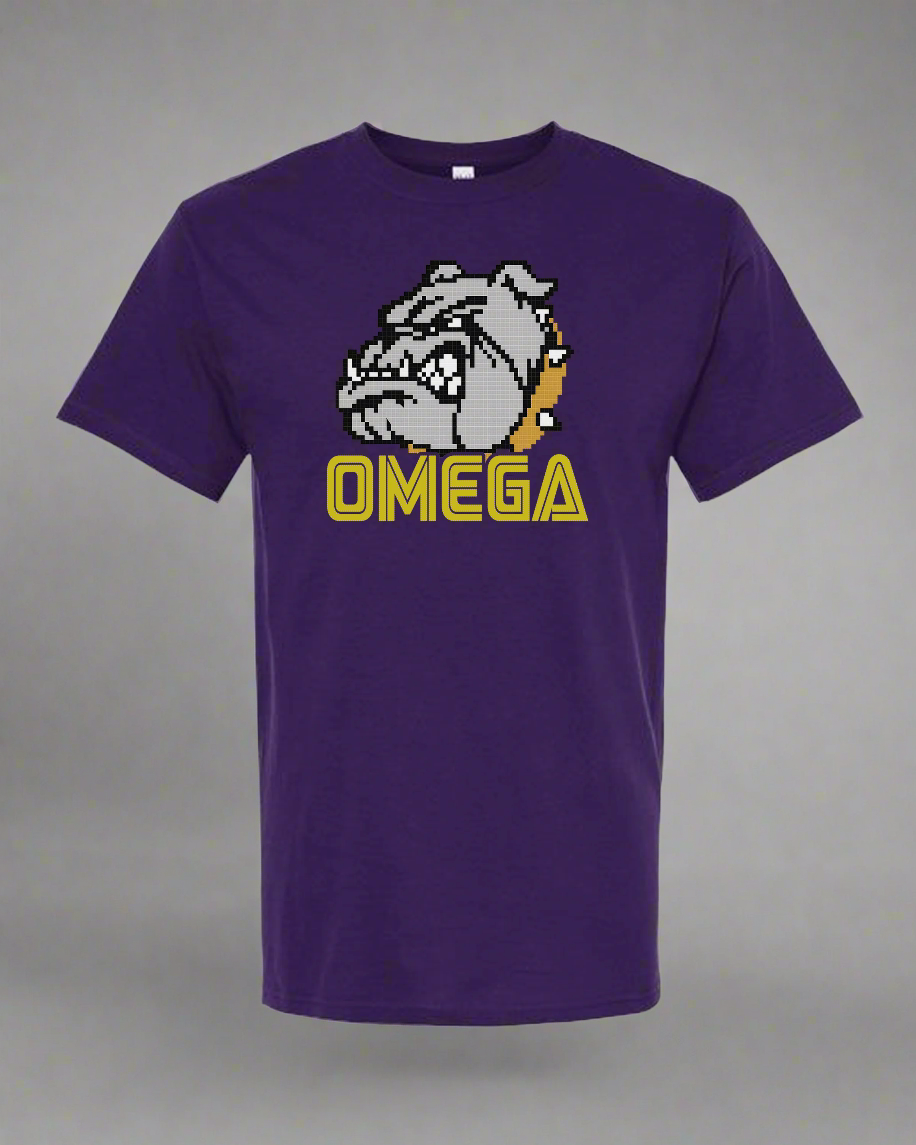 Purple t-shirt with bulldog graphic and 'Omega' text on a gray background