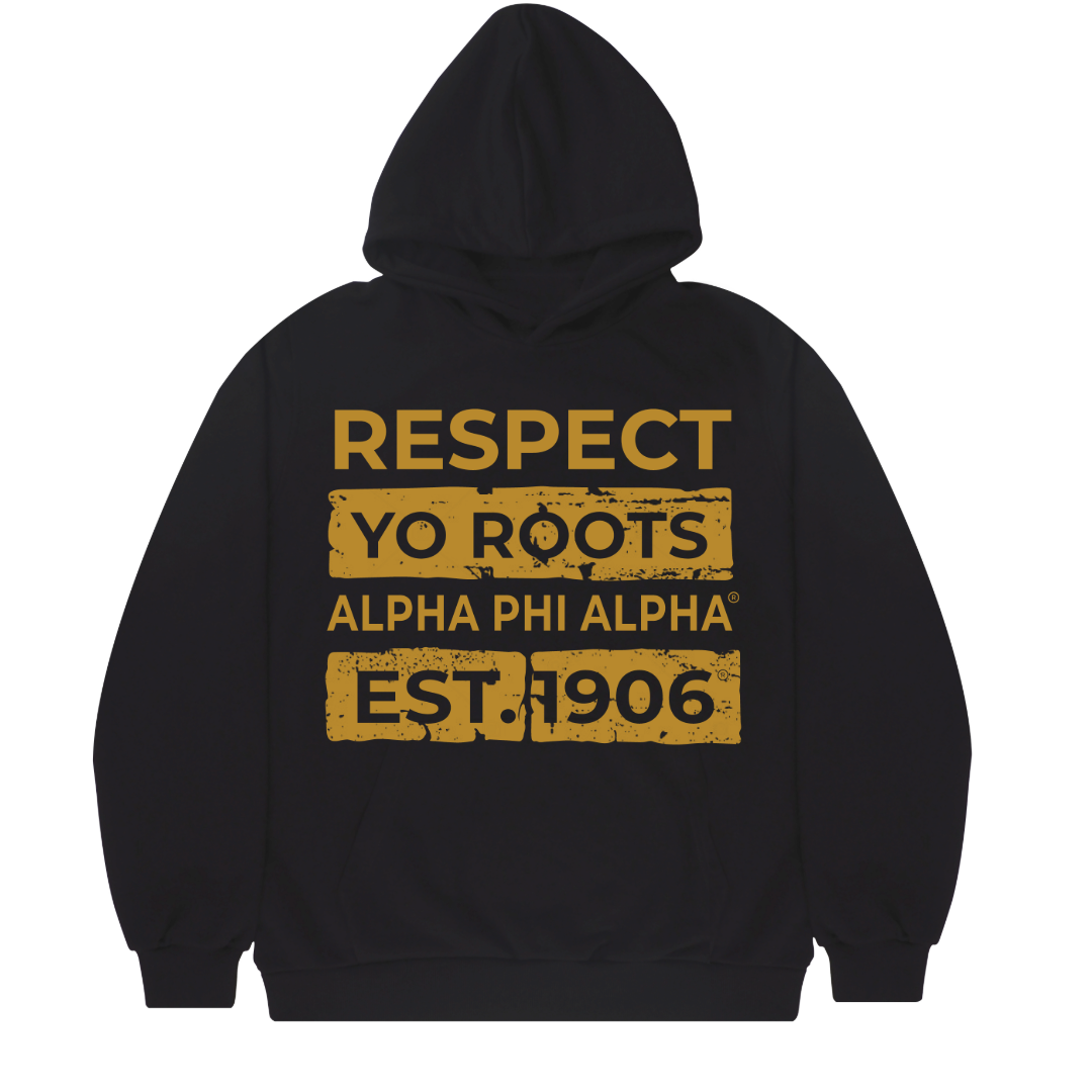 Black hoodie with gold text on a white background