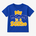 Blue t-shirt with yellow and white text on a white background