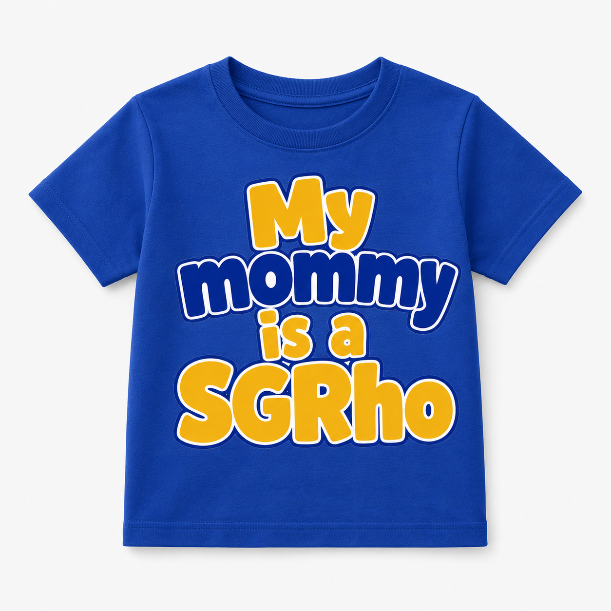 Blue t-shirt with yellow and white text on a white background