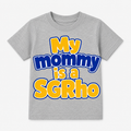 Gray t-shirt with 'My mommy is a SGRho' text in yellow and blue on a white background