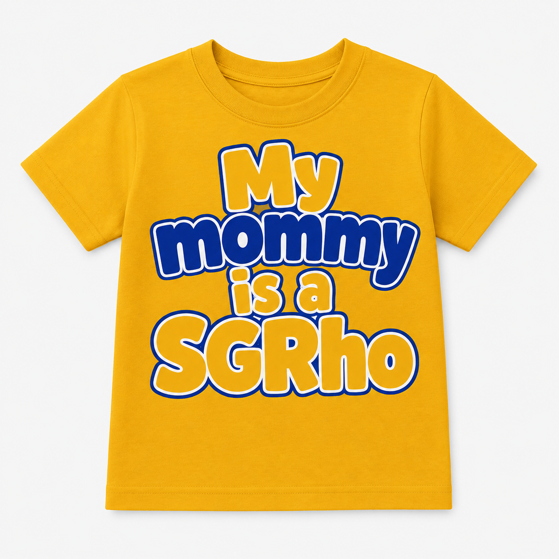 Blue t-shirt with yellow and white text on a white background