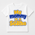 White t-shirt with colorful text 'My mommy is a SGRho' on a white background