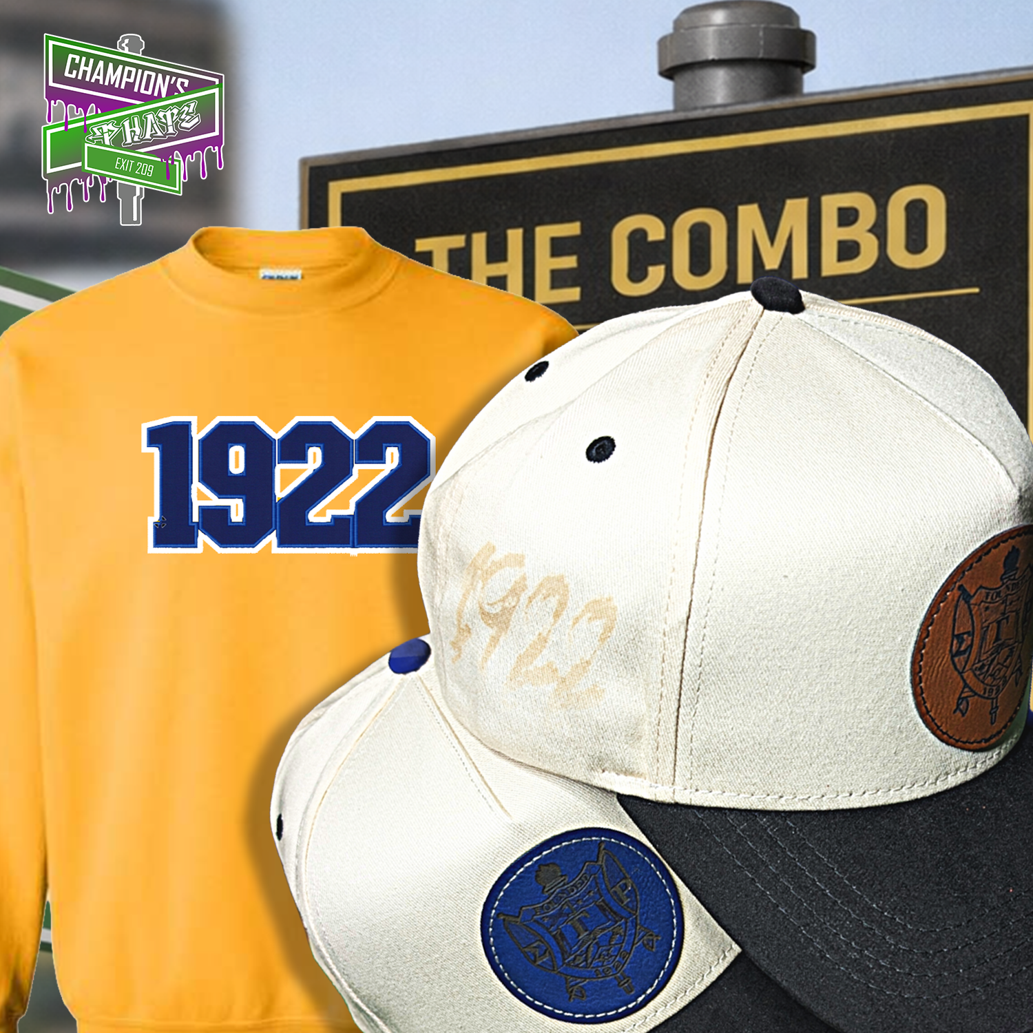 gold sweatshirt with '1922' and two baseball caps on a blurred background with 'Champion's Fashions' sign.