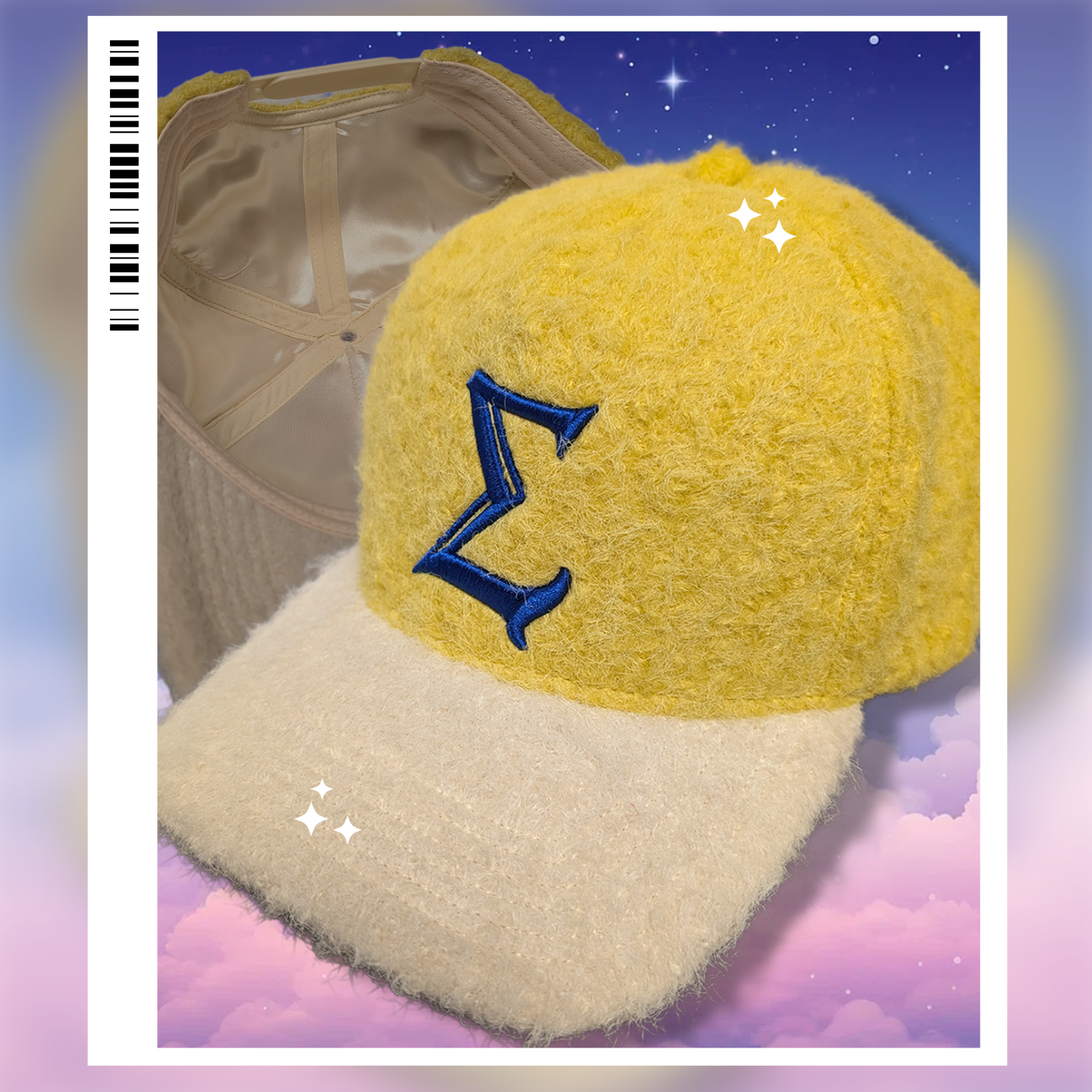Yellow and cream hat with a blue sigma embroidered on it