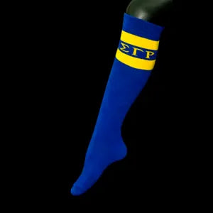 Blue knee-high sock with yellow stripes on a black background