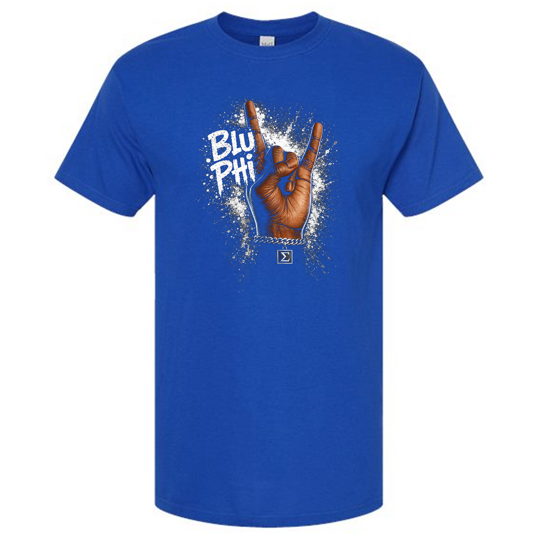 Blue t-shirt with a graphic of a hand sign for phi beta sigma fraternity and text "Blu Phi" 