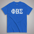 Blue t-shirt with white Greek letters on a white background