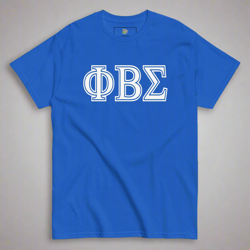 Blue t-shirt with white Greek letters on a white background