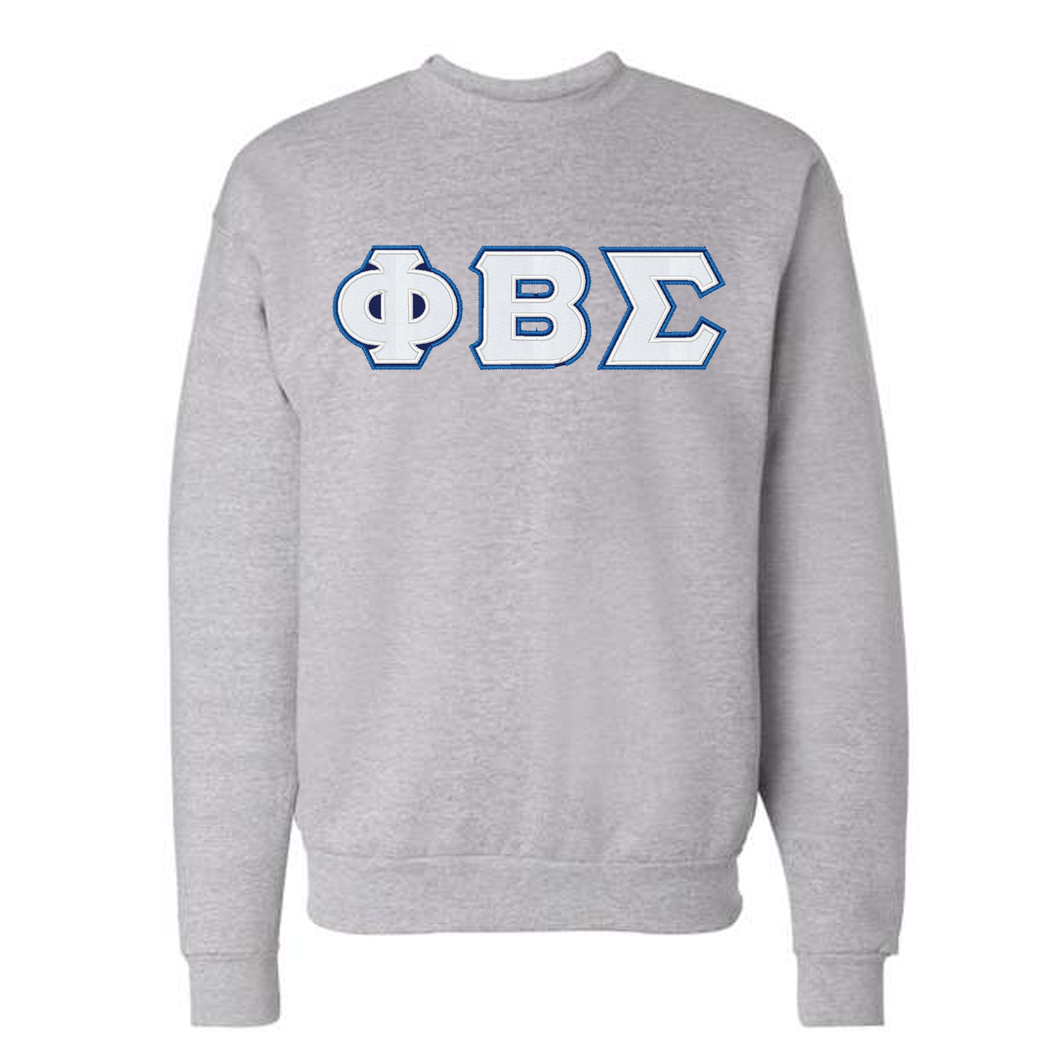 Gray sweatshirt with blue and white letters phi beta sigma on a white background