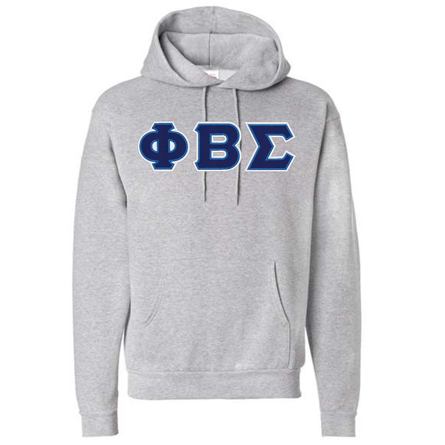 Gray hoodie with blue and white letters phi beta sigma on a white background