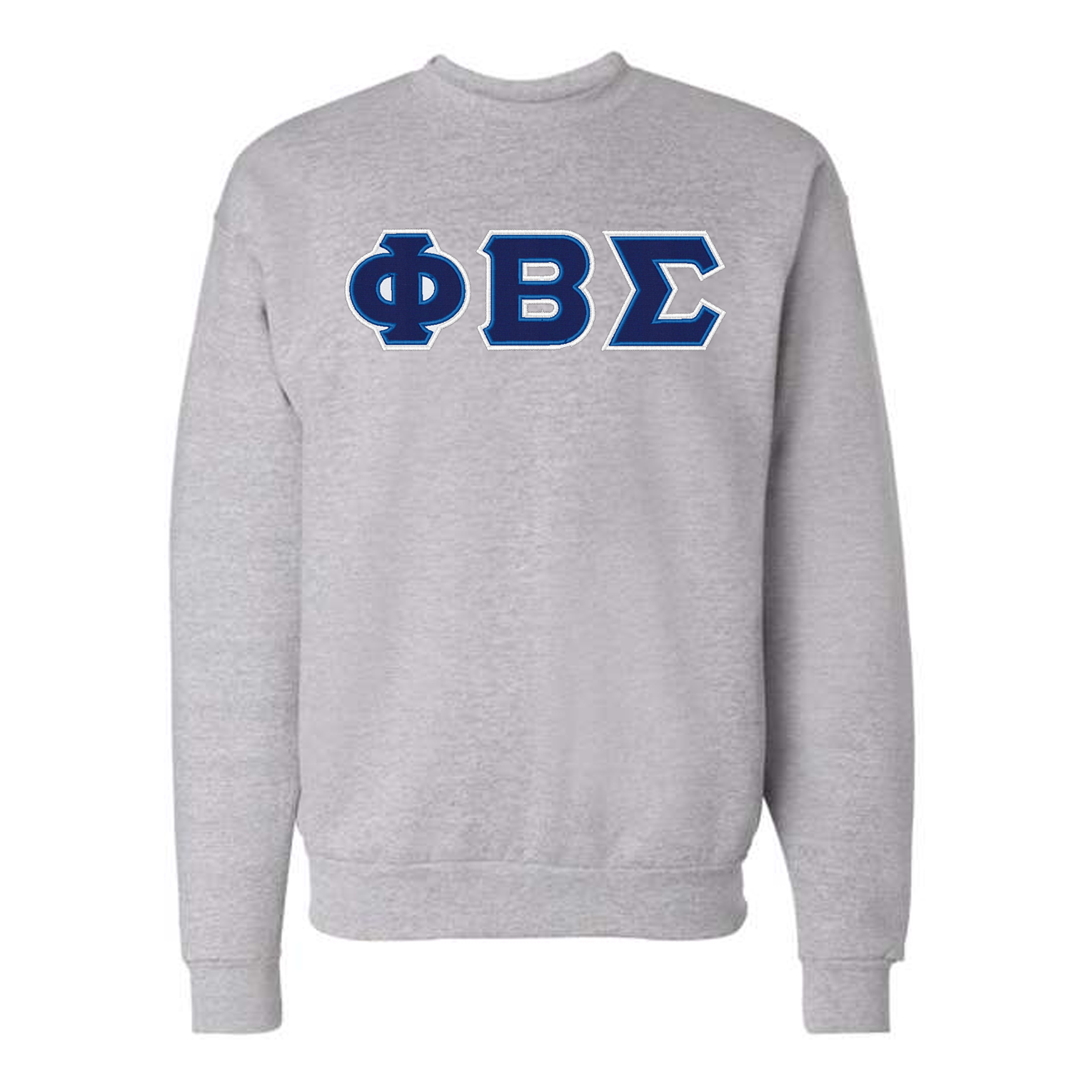 Gray sweatshirt with blue letters on a white background