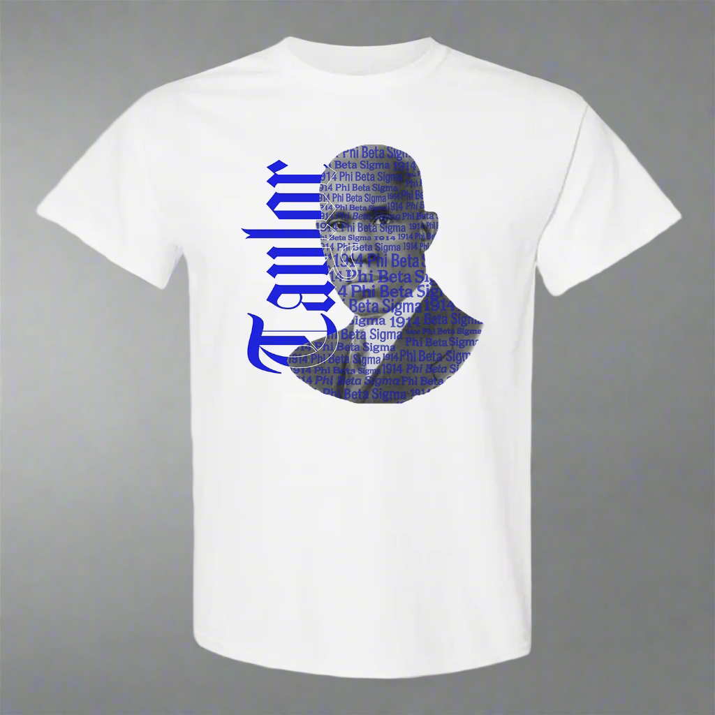 White t-shirt with blue graphics and text on a graybackground