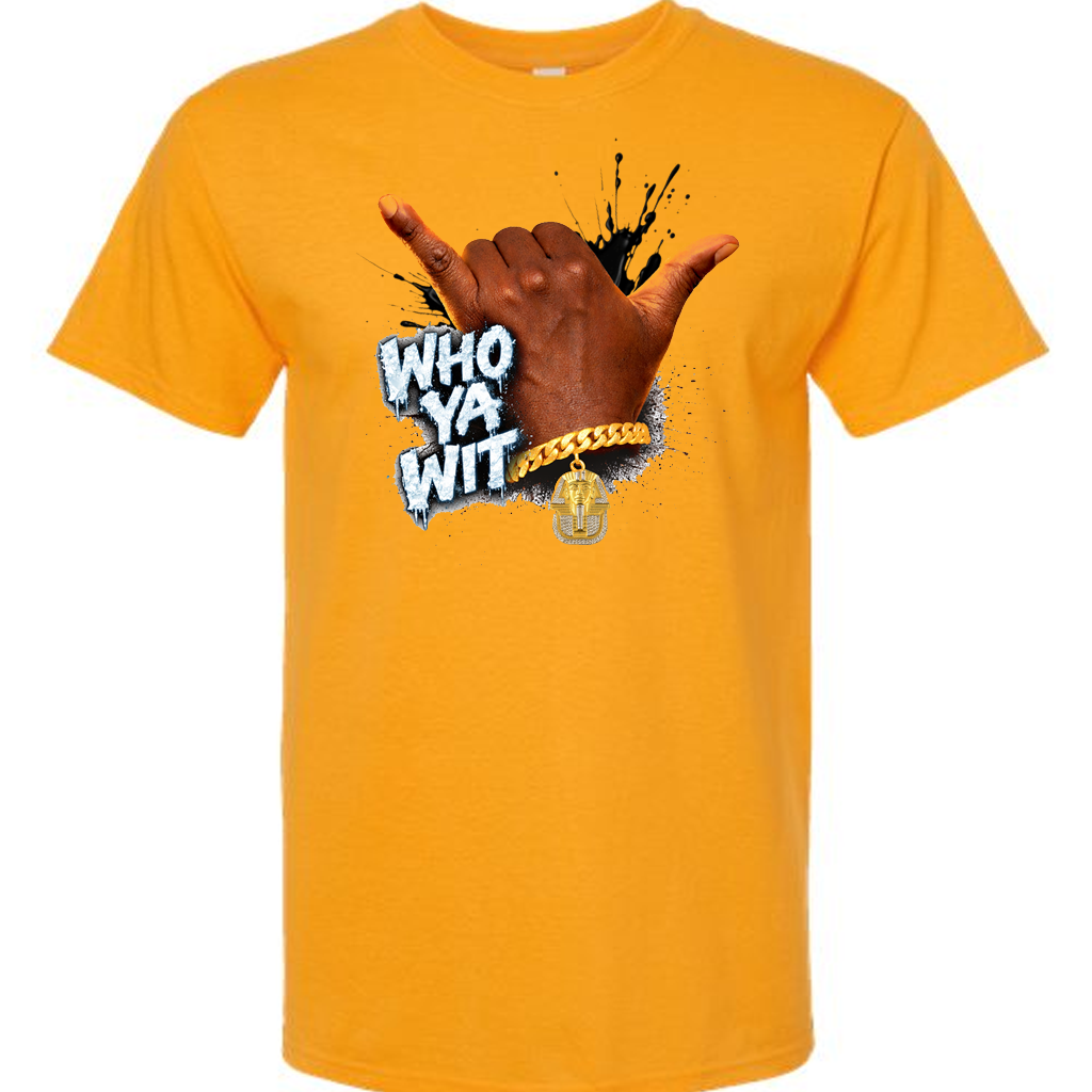 Yellow t-shirt with alpha hand sign with 'WHO YA WIT' text and a gold chain with a sphinx pendant 