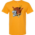 Yellow t-shirt with alpha hand sign with 'WHO YA WIT' text and a gold chain with a sphinx pendant 