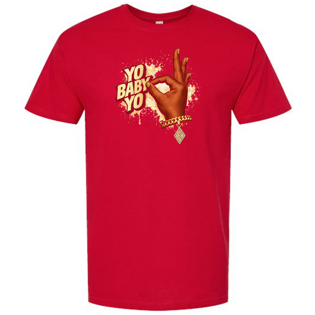 Red t-shirt with design of a hand throwing the kappa hand sign and text "yo baby yo"