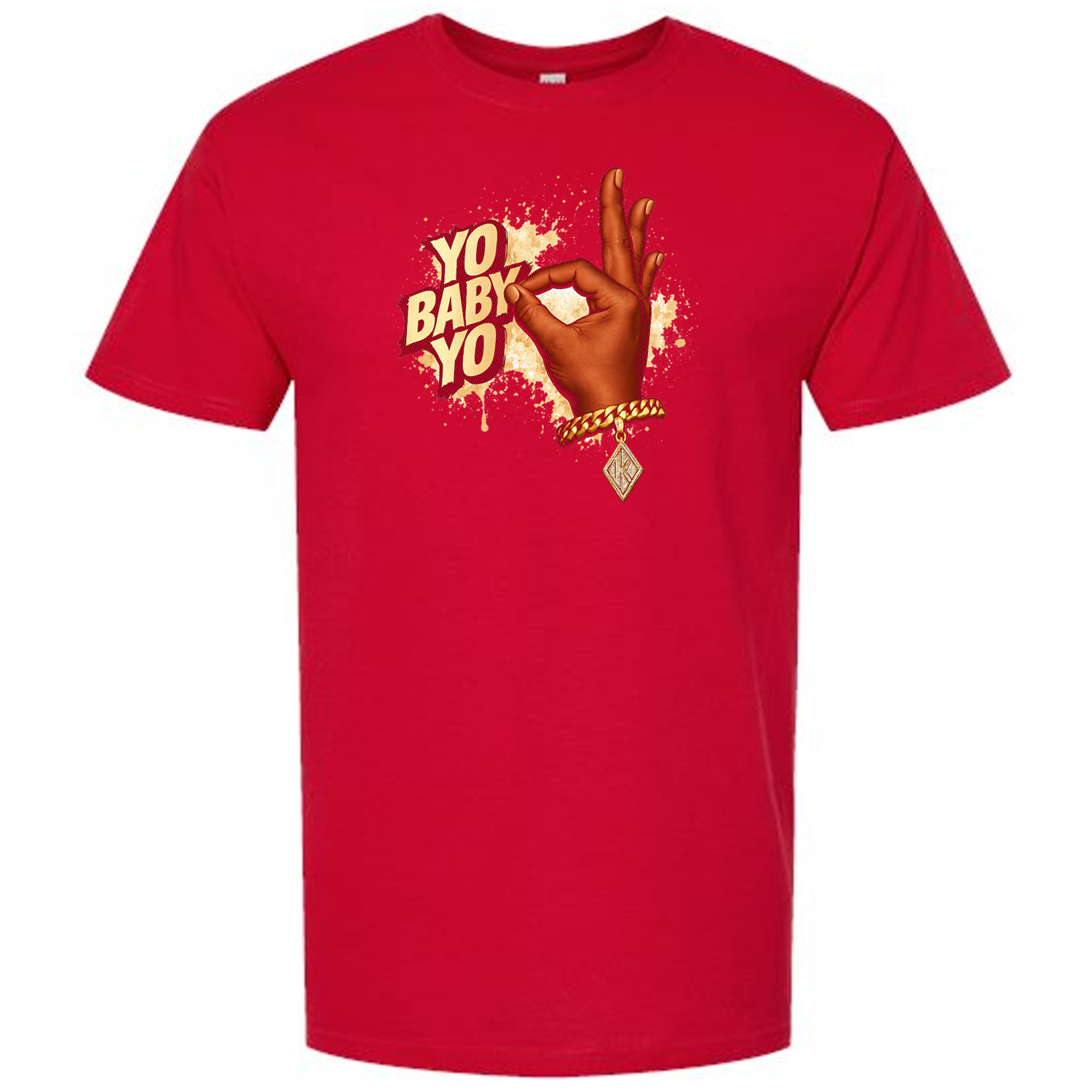 Red t-shirt with design of a hand throwing the kappa hand sign and text "yo baby yo"