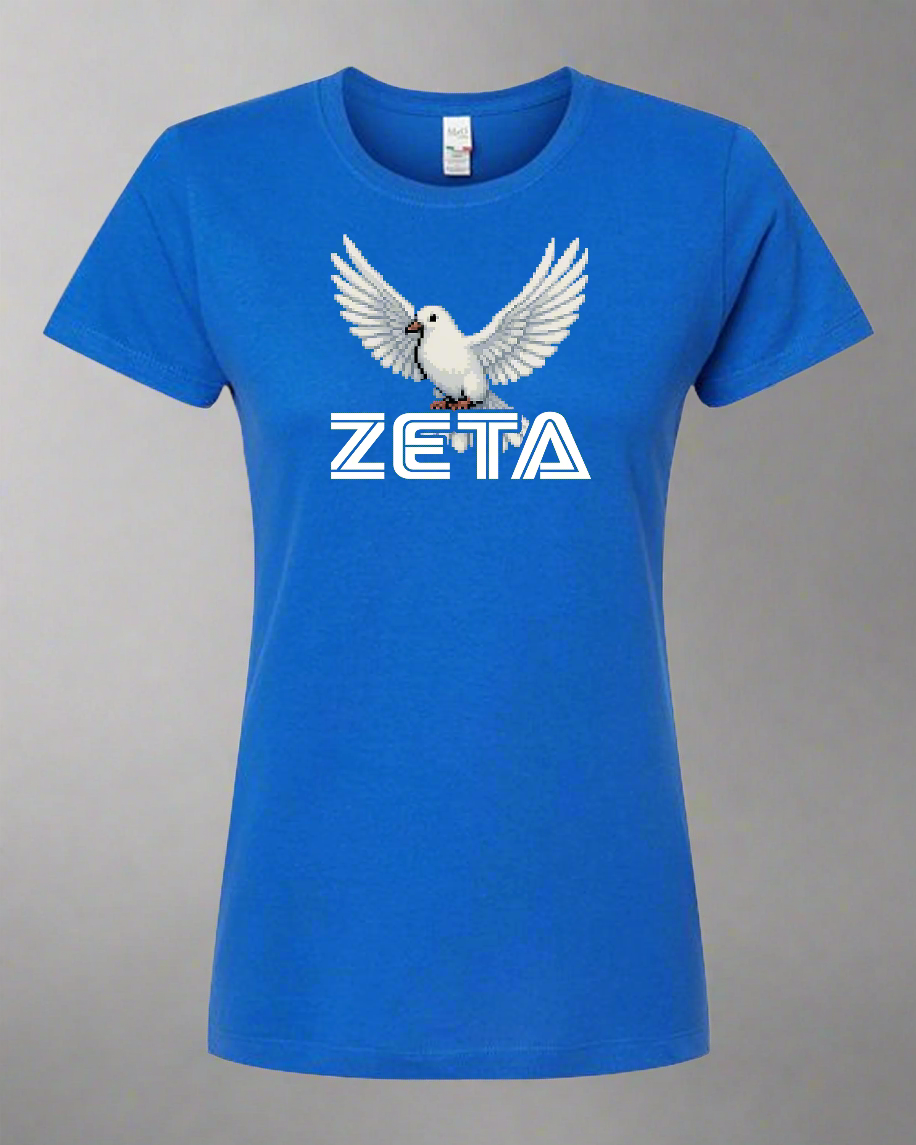 Blue t-shirt with a white dove graphic and 'ZETA' text on a graybackground
