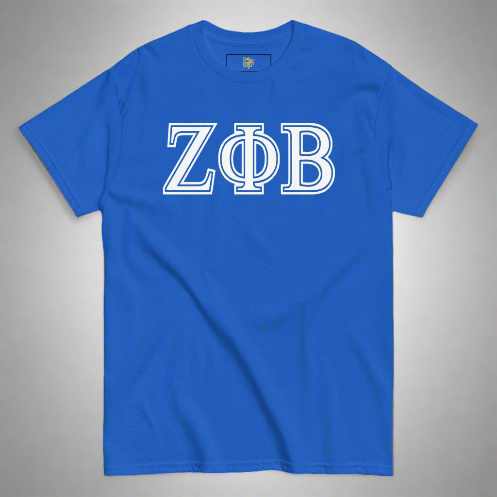 Blue t-shirt with white 'ZΦΒ' letters on a white background