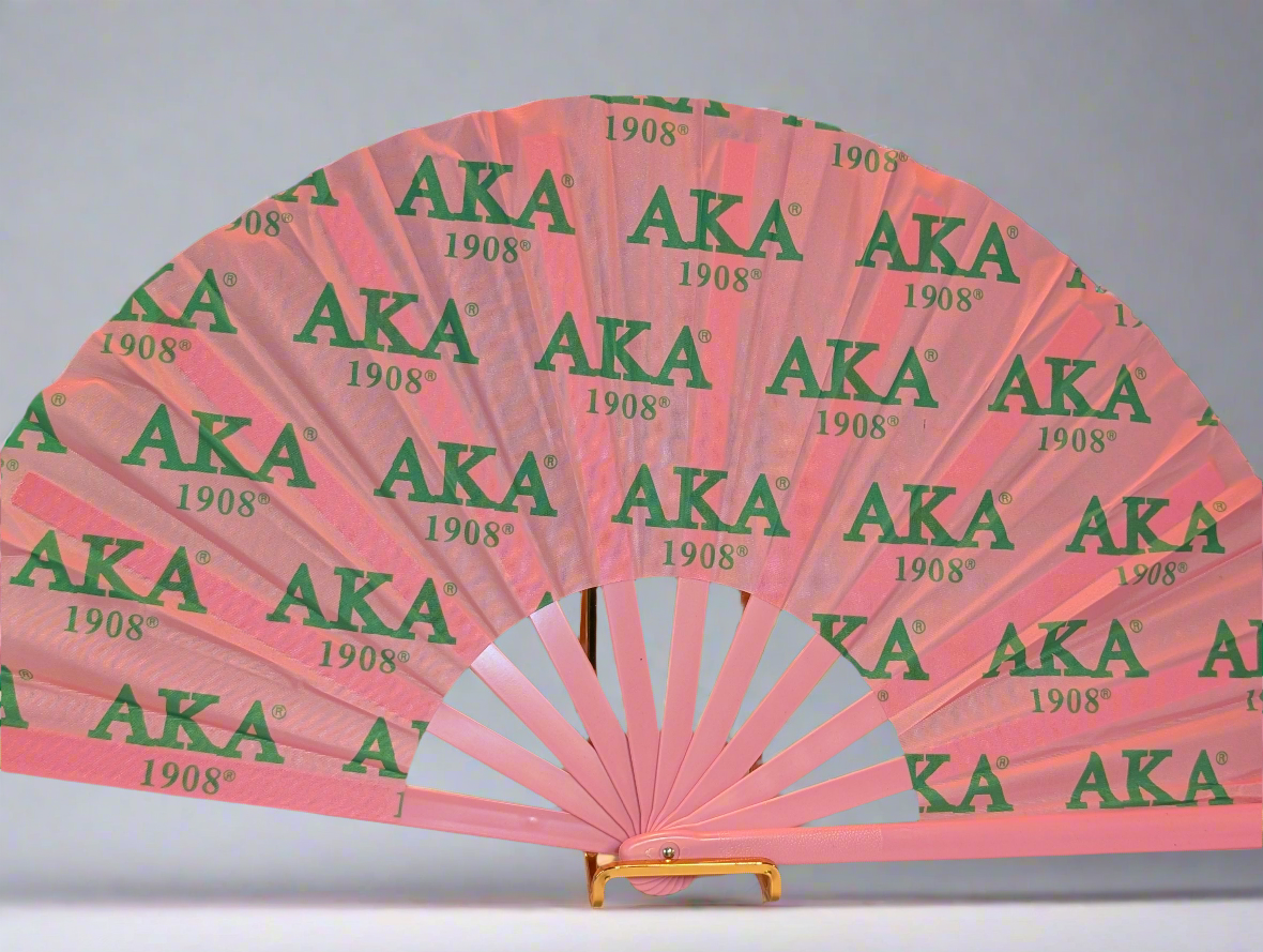Pink fan with green 'AKA 1908' text on a gray background