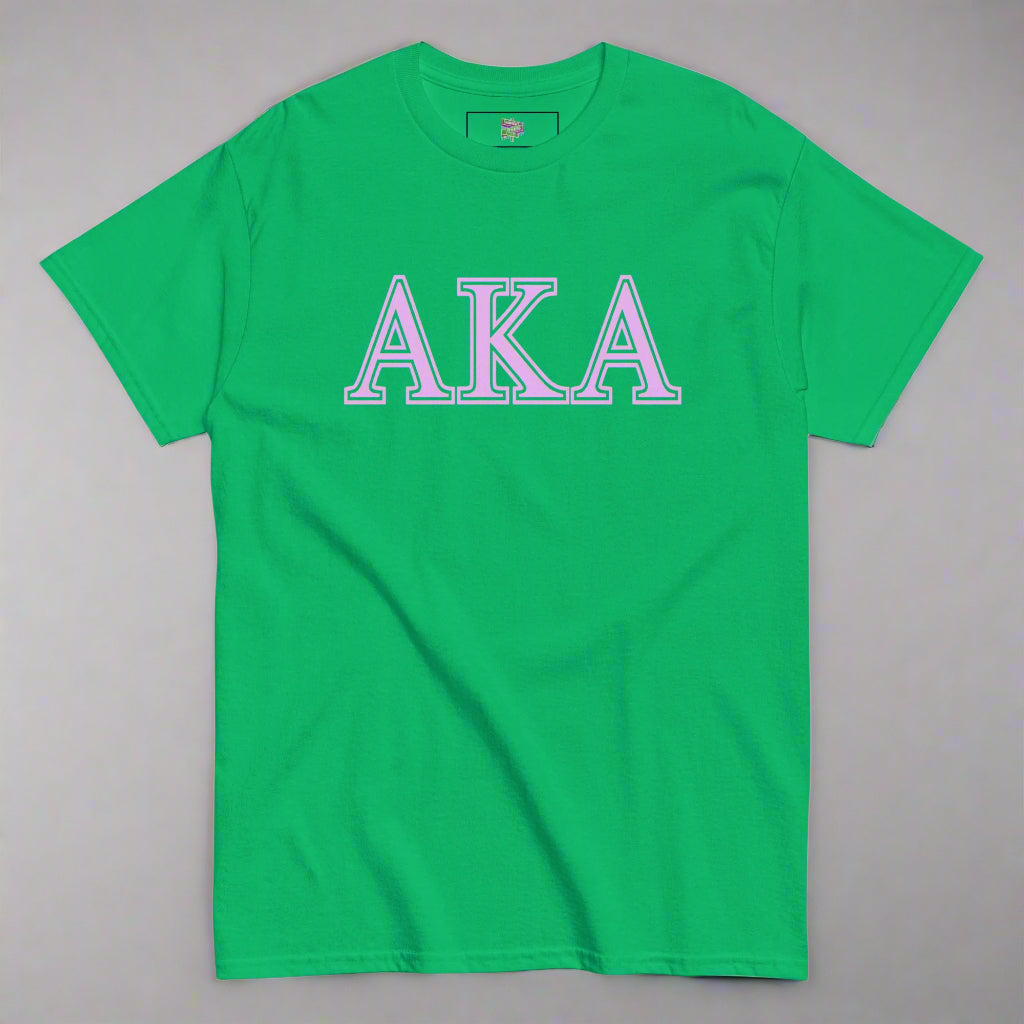 Green t-shirt with 'AKA' text on a white background