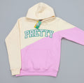  pink and cream hoodie with word 