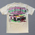 Beige t-shirt with a race car graphic and text on a gray background
