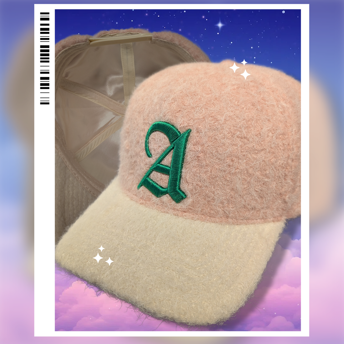 Gray sweatshirt with '1908' and a pink hat with a green A